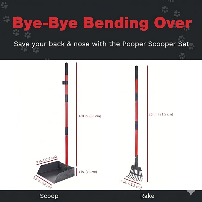 Metal Pooper Scooper for Dogs with Heavy Duty Long Handle Rake & XL Tray | Rustproof Aluminum Poop Scooper for Large Dogs with 9”W 9.5”L Extra Large Tray for Yard, Grass, Dirt & Gravel