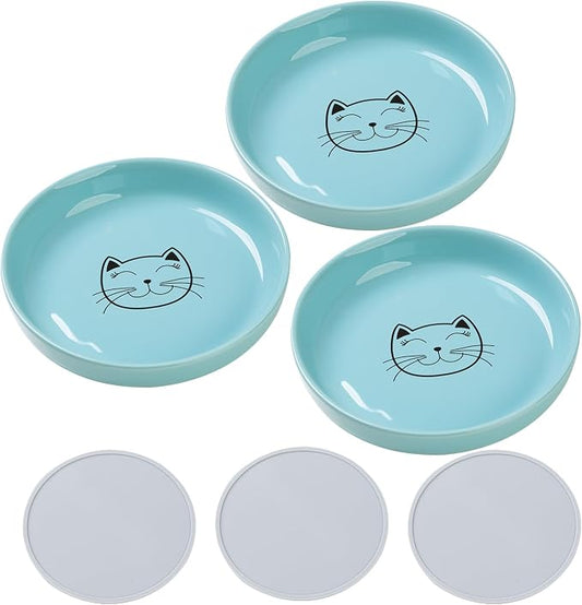 Lusifaco Shallow Cat Food Bowls - 5.9 Inch Wide Ceramic Anti Whisker Fatigue Cat Dishes Set With Non-Slip Silicone Mat - Kitten Plates for Food and Water - 3 Pack (Blue)