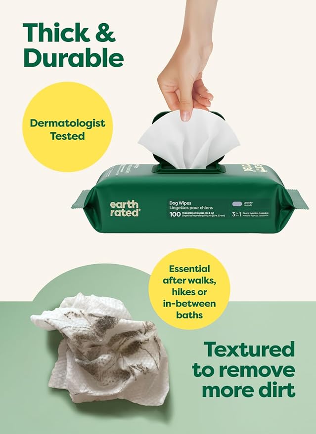 Earth Rated Dog Wipes, Hypoallergenic, Cleaning and Hydrating, for Grooming Paws, Body and Butt, Lavender Scented, 400 Count