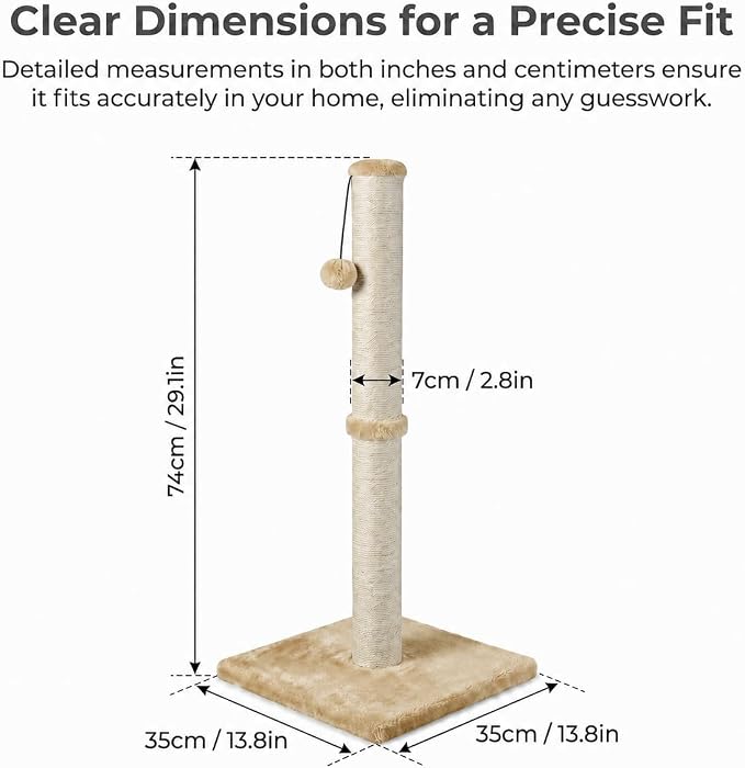Dimaka 29" Height Tall Cat Scratching Post, Claw Scratcher with Sisal Rope and Covered with Soft Smooth Plush, Vertical Scratch [Full Strectch] for Standard Size Cats (Light Brown, 29 inches)
