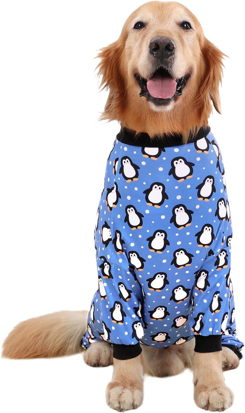HDE Dog Pajamas One Piece Jammies Jumpsuit Pet Clothes Outfit Stretchy Lightweight Comfy Shirt Pjs for M-3XL Dogs Penguin Polka Dots - 2XL