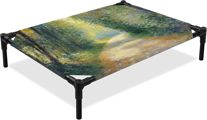 Outdoor Elevated Dog Bed for Medium Dogs, Country Forest Breathable Cooling Raised Dog Cot for Indoor/Outdoor, Farmhouse Trees Plants Nature Scenery Waterproof Elevated Pet Beds, M 24 x 20 in