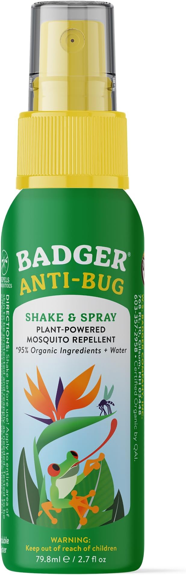 Badger Bug Spray Travel Size, Family Friendly All Natural Mosquito Repellent w/Organic Essential Oils, Smells Great, 3 Hours Effective, Deet-Free, Vegan, Travel Insect Repellent, 2.7 fl oz