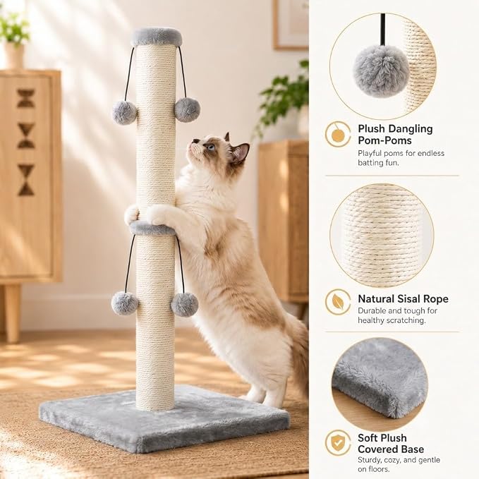Dimaka 29'' Cat Scratching Post, Natural Sisal Rope Scratcher Post, Kitten Claw Scratch with 4 DanglingToy Balls for Large Cats (Grey)