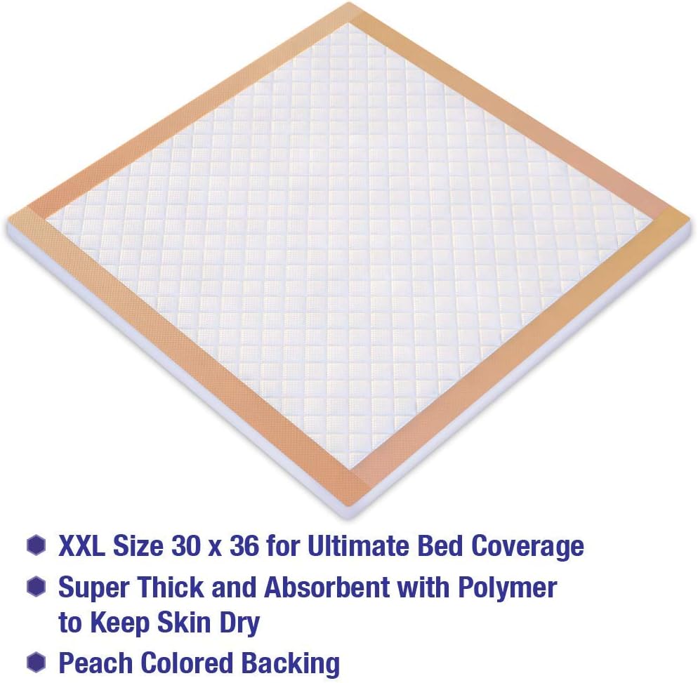 Ultra Absorbency Disposable Underpads Extra Thick 100 Grams Fluff with Polymer XL Size 30 X 36, Peach, 50Count