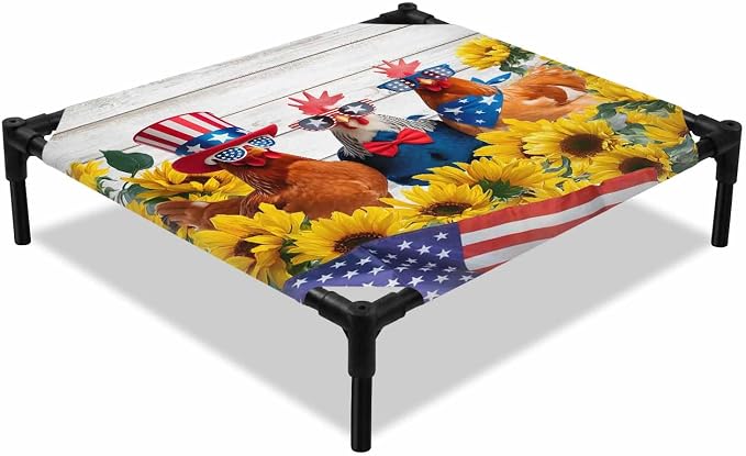 Outdoor Elevated Dog Bed for Small Dogs, Sunflower Independence Day Breathable Cooling Raised Dog Cot for Indoor/Outdoor, 4th of July Rooster Wooden Waterproof Elevated Pet Beds, S 20 x 20 in