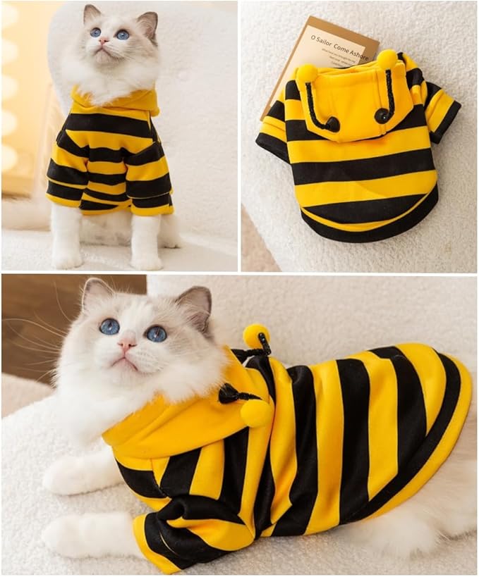 Selena Cat Bee Antennae Costume Hoodies Cute Bee Stripes Dog Kitten Puppy Pet Apparel (X-Large,Yellow&Black)