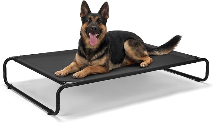 Veehoo Cooling Elevated Dog Bed, Outdoor Raised Dog Bed for Large Dogs | Dog Cot with Thickened Frame, Durable Teslin Mesh & Anti-Slip Rubber Feet, Pet Hammock for Indoor or Camping, 53", Black