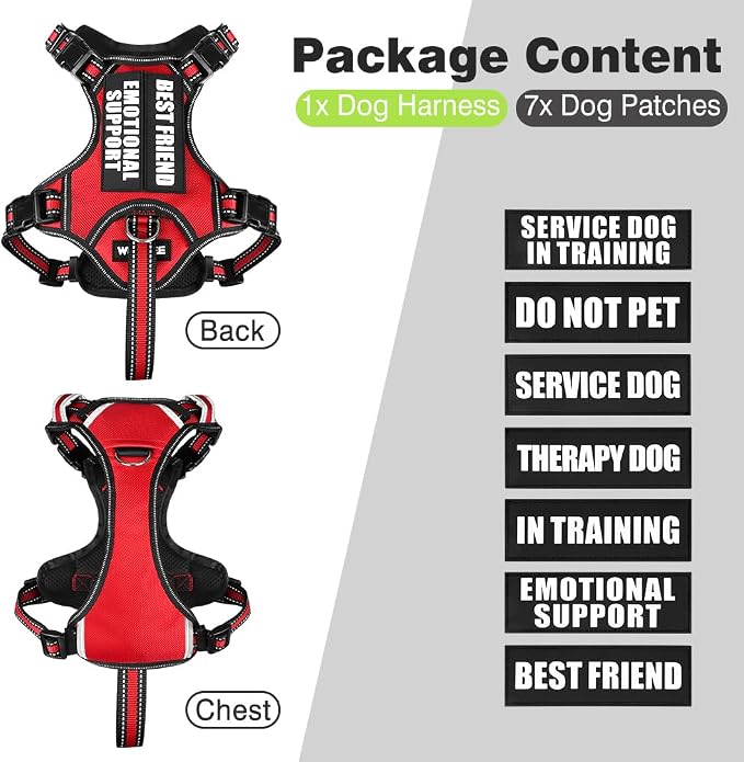 Service Dog Vest No Pull Dog Harness with 7 Dog Patches, Reflective Pet Harness with Durable Soft Padded Handle for Training Small, Medium, Large, and Extra-Large Dogs (Medium, Red)