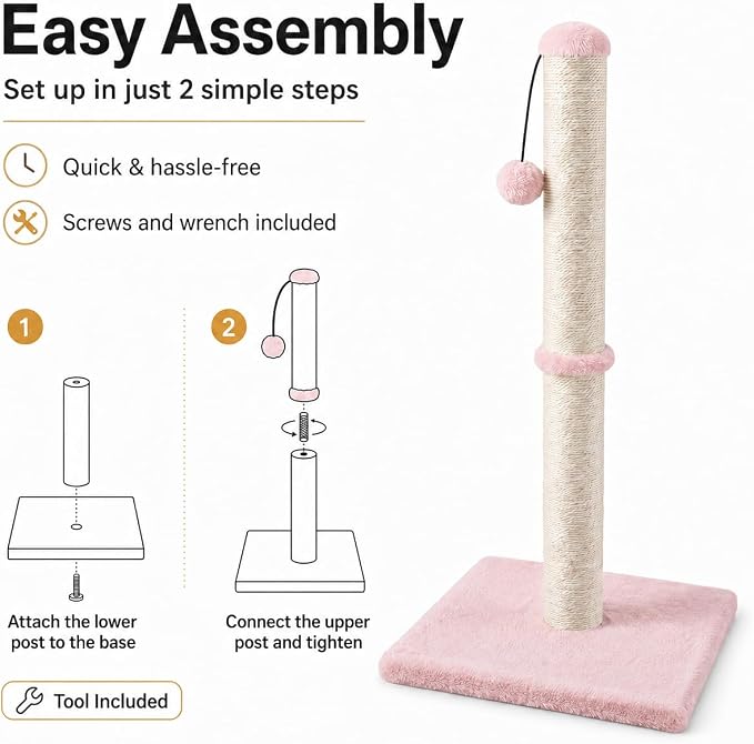 Dimaka Tall Cat Scratching Post, Claw Scratcher with Sisal Rope and Covered with Soft Smooth Plush, Vertical Scratch [Full Strectch] for Standard Size Cats (Pink, 34 inches for Large Cats)