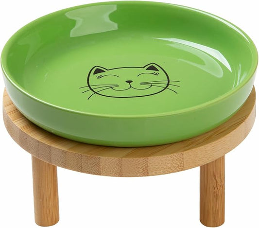 Lusifaco Shallow Elevated Cat Bowls,5.9 Inch Wide Raised Ceramic Cat Dishes with Bamboo Stand, Whisker Friendly Pet Water or Food Plates Feeding Station for Indoor Cats, Kitten(Green,Set of 1)