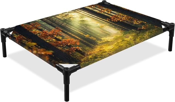 Outdoor Elevated Dog Bed for Medium Dogs, Forest Breathable Cooling Raised Dog Cot for Indoor/Outdoor, Sunlight Rustic Trees Orange Green Mystery Waterproof Elevated Pet Beds, M 24 x 20 in