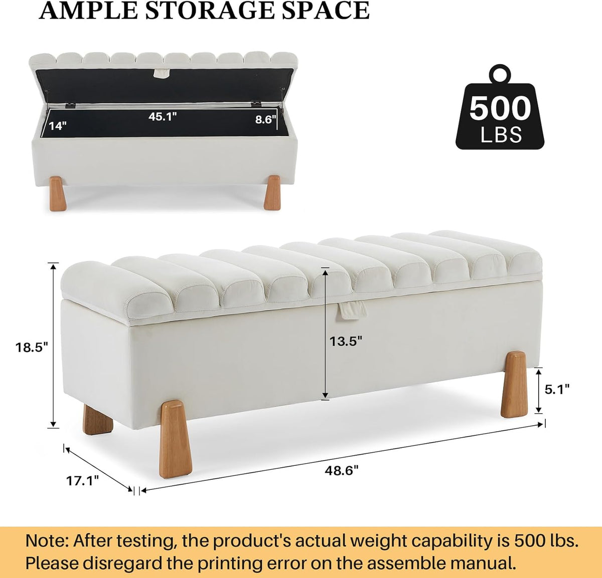 Storage Ottoman Bench for Bedroom Small Spaces 48.6 Inch with Hinged Lid Solid Wood Tapered Legs Tufted Upholstered Fabric for Living Room & Bedroom, Beige