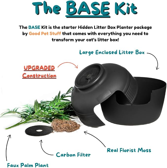 Good Pet Stuff Original Hidden Litter Box Planter, Decorative Cat Litter Enclosure with Carbon Filter, Artificial Palm Plant, Upgraded Design, Easy to Clean, Base Kit, Black Suede