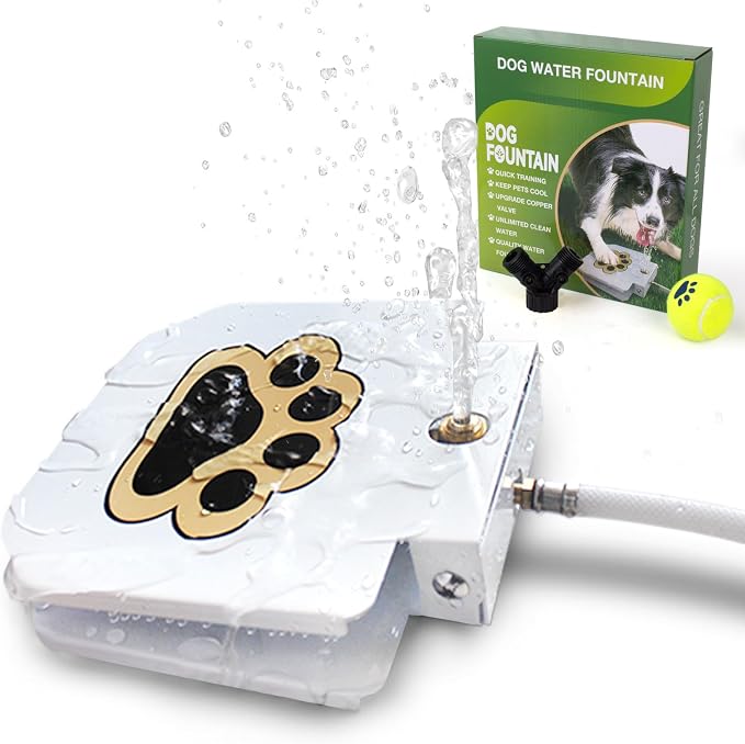 BACOENG Dog Water Fountain Step On, Dog Sprinkler Paw Activated, Outdoor Water Fountain for Dogs, Drinking Water Toy, Upgrade Copper Valve Set, Yellow