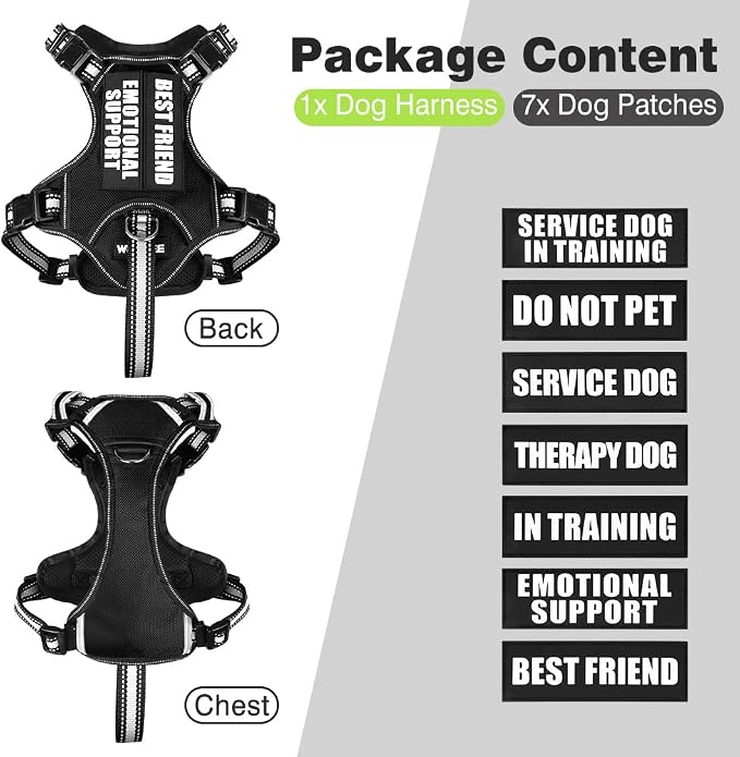 Service Dog Vest No Pull Dog Harness with 7 Dog Patches, Reflective Pet Harness with Durable Soft Padded Handle for Training Small, Medium, Large, and Extra-Large Dogs (X-Large, Black)