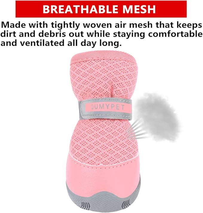 QUMY 4PCS Dog Shoes for Small Dogs, Hot Pavement Summer Puppy Dog Boots & Paw Protectors with Soft Anti-Slip Rubber Sole, Mesh Breathable Dog Booties for Hardfloors, Walking Running Pink Size 4