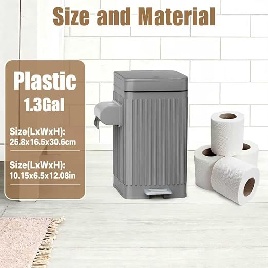 Dog Poop Trash Can for Outside & Indoor, 5L/1.3Gal Small Pet Waste Bin with Odor Control Carbon Filter Lid, 2-Way Open (Step & Press Top), Dog Waste Container with Bag Holder, Grey