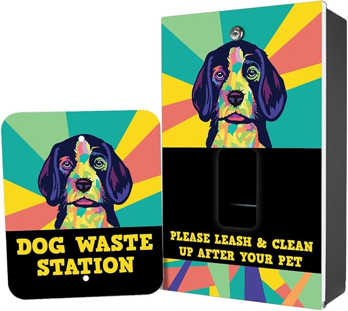 Dispense-Art Collection Pop Art Beagle - Custom UV Printed Design on Rust-Proof Aluminum Dog Waste Station with 10-Gallon Lidded Can, 400 MittN Dog Waste Bags & 25 Can Liners