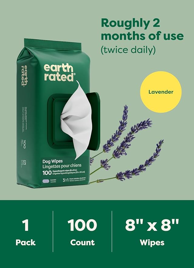 Earth Rated Dog Wipes, Hypoallergenic, 3-in-1 Cleaning and Hydrating, for Grooming Paws, Body and Butt, Lavender Scented, 100 Count