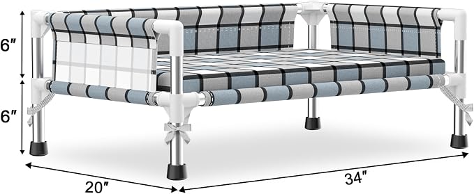 Elevated Dog Bed with with Guardrail & Cushion, Raised 3-Fence Dog Bed | Breathable Lifted Stainless Steel Frame Dog Hammock Bed with Mat for Medium Pets, Cooling Washable Dog Cot