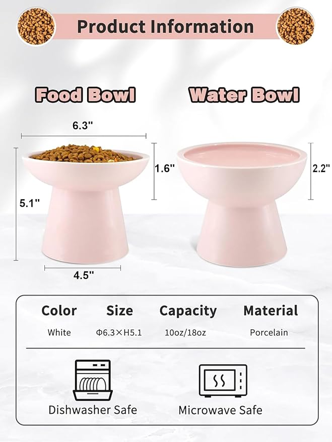 LoeJan Elevated Cat Food and Water Bowls Set, Extra Wide and Raised Ceramic Feeder, Anti-Vomit Whisker-Free Pressure Feeding Bowl for Kittens Adult Cats Small Dogs (Pink, Bowl Set)