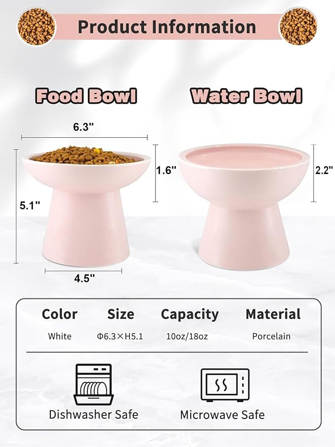 LoeJan Elevated Cat Food and Water Bowls Set, Extra Wide and Raised Ceramic Feeder, Anti-Vomit Whisker-Free Pressure Feeding Bowl for Kittens Adult Cats Small Dogs(Pink, Food Bowl)
