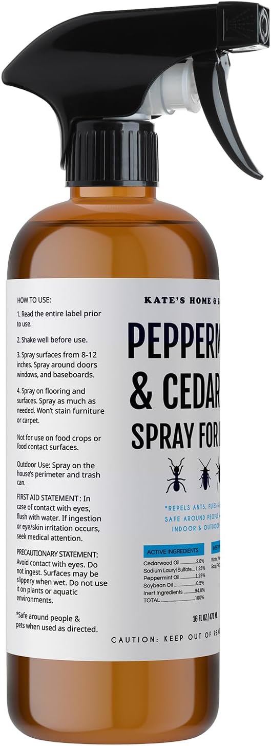 Kate's Home & Garden Peppermint Oil Spray for Bugs, Ants, Insects, Spiders, Roaches, Stink Bug. Pesticide and Insecticide Indoor Repellent Pest Control with Cedar Oil (16oz, Natural, Non Toxic)
