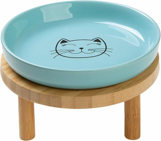 Lusifaco Shallow Elevated Cat Bowls,5.9 Inch Wide Raised Ceramic Cat Dishes with Bamboo Stand, Whisker Friendly Pet Water or Food Plates Feeding Station for Indoor Cats, Kitten(Blue,Set of 1)