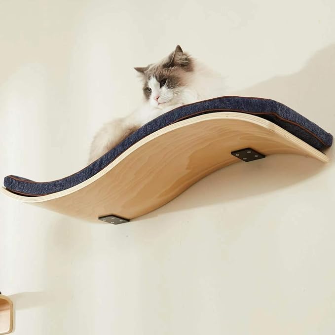LIORCE Cat Shelf with Comfortable Cushion - Wave Modern Cat Bed - Minimalistic Floating Cats Wall Perch - Wooden Wall Mounted Cats Furniture for Sleeping, Playing, Climbing, and Lounging