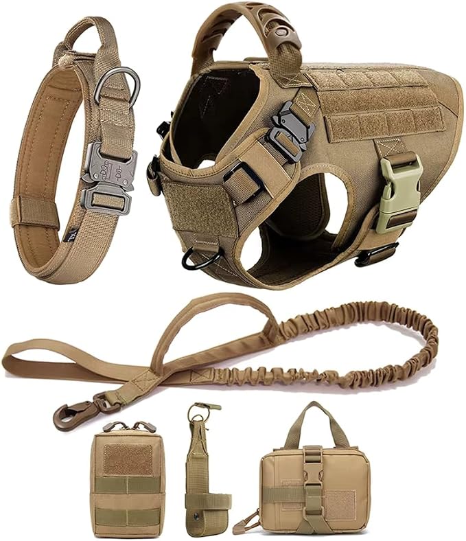 WAYO Dog Harness and Leash Set 6 Items - Military Tactical Vest with Collar for German Shepherd, Malinois, No Pull Training Walking Harness with Adjustable Straps (S/M/L/XL) (Brown, S)