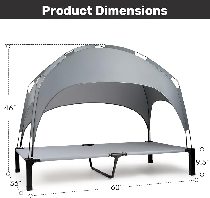 Elevated Dog Bed with Removable Canopy, Sun Protection Shade Tent Dog Cot | Portable Outdoor Dog Bed, Raised Pet Cooling Cot Bed for Dogs, 60in
