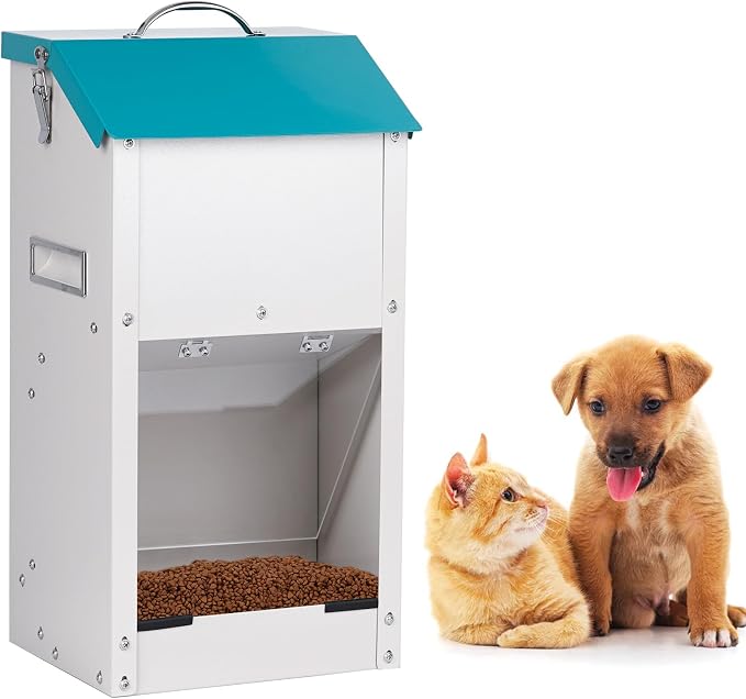 15lbs Automatic Dog Feeder Outdoor Dog Food Dispenser | Galvanized Gravity Cat Feeder with Clear Door, Metal Feeder for Dog, Puppy, Cat, Indoor&Outdoor Use