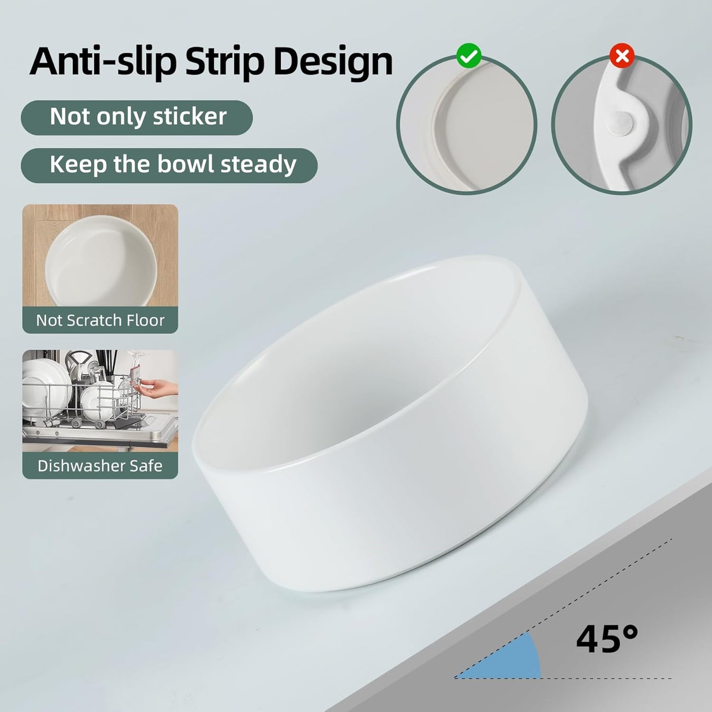 Non-Slip 8.2inch Ceramic Dog Food and Water Bowl for Large Breed Dogs, Pet Bowl for Replacement (Single Bowl, White)