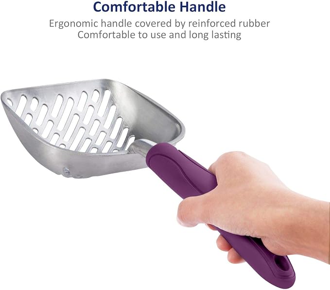 Cat Litter Scoop, Aluminum Alloy Sifter, Kitty Metal Scooper, Deep Shovel with Diagonal Sifting Hole, Long Handle, Kitten Poop Lifter for Litter Box, Large Size, Violet Handle