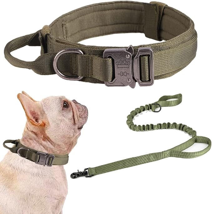Tactical Dog Collar and Leash Set for Large Dogs with Control Handle，Green | 1000D Heavy-Duty Nylon Fabric,Quick-Release Metal Buckle,Adjustable Fit,Soft-Padded Webbing,D-Ring,for Training & Hiking,S