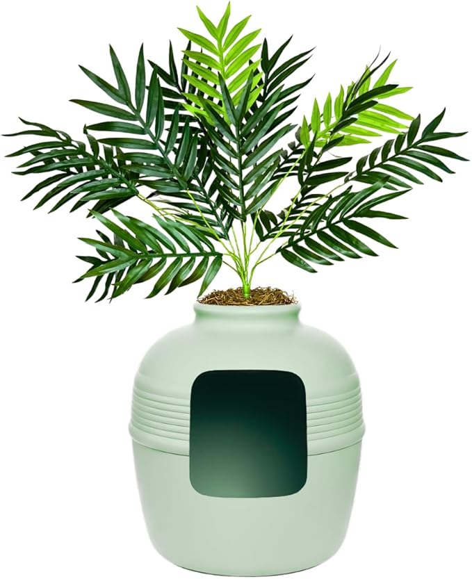 Good Pet Stuff Original Hidden Litter Box Planter, Decorative Cat Litter Enclosure with Carbon Filter, Artificial Palm Plant, Upgraded Design, Easy to Clean, Base Kit, Seagrass Green