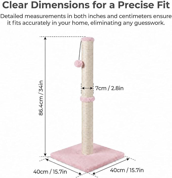 Dimaka Tall Cat Scratching Post, Claw Scratcher with Sisal Rope and Covered with Soft Smooth Plush, Vertical Scratch [Full Strectch] for Standard Size Cats (Pink, 34 inches for Large Cats)