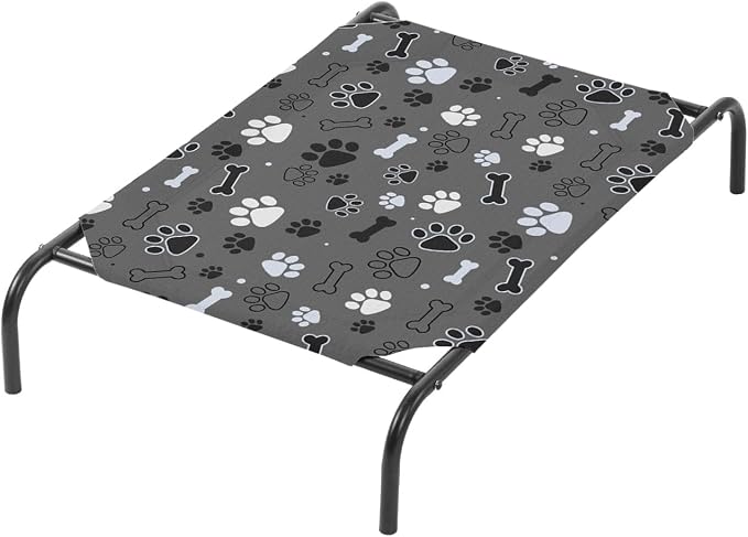 QOOMO Elevated Dog Bed with Cooling Fabric, Pet Cot for Small and Big Dogs, Indoor and Outdoor Use, Joint Relief, Cute Printed Cushion Included (Black Paw Prints, 47.24" L*31.89" W*9.45" Th)