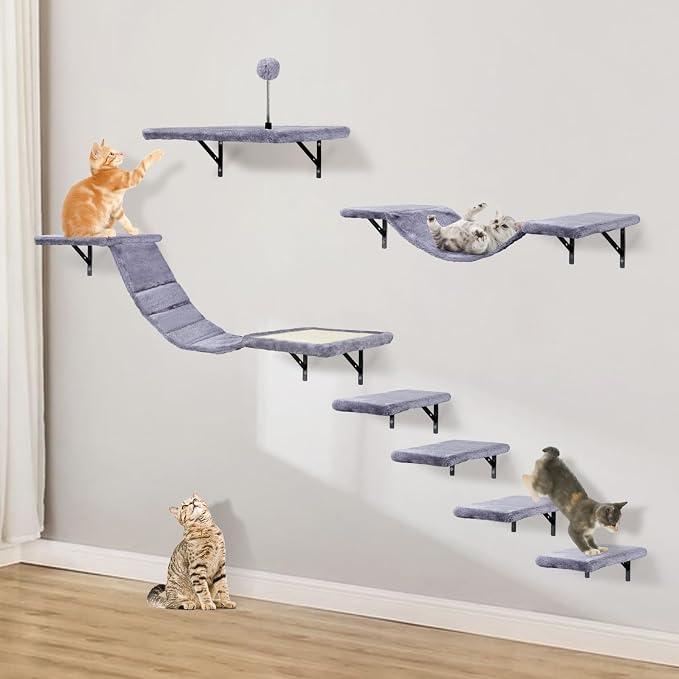 Wall-Mounted Cat Climber Set,Space-Saving Cat Wall Shelves for Large Cats | Multi-Level Climbing, Wood Wall Furniture, Perches, Bridge, Hammock, Scratcher, Indoor 40 lbs Small Place Corner Room Play