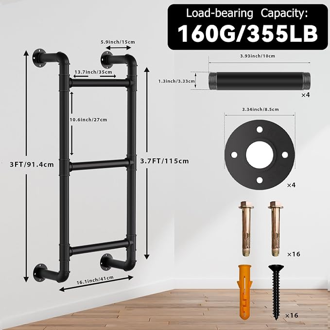 Black 3-Rung Window Well Ladder, 3FT Egress Wall Mounted Ladder for Indoor Climb Use, Wall/Floor Mountable Iron Step for Loft, Basement, Blanket Rack, Farmhouse, Space-Saving