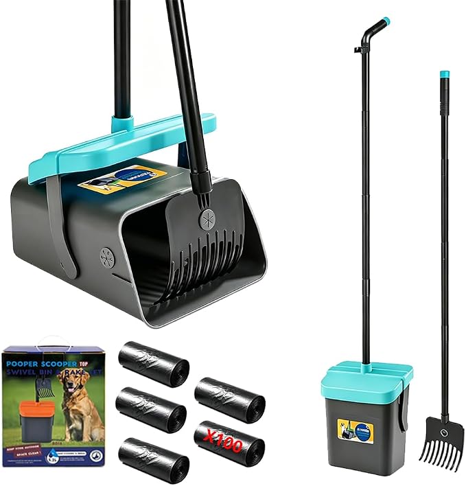 Pooper Scooper, 46" Long Handle Heavy Duty Picker-Upper, Swivel Bin Rake Kit with Bag Attachment, 100 Waste Bags for Small Large Dogs Puppy Poop Trash Litter Cleanup Yard Outdoor Pet Essentials