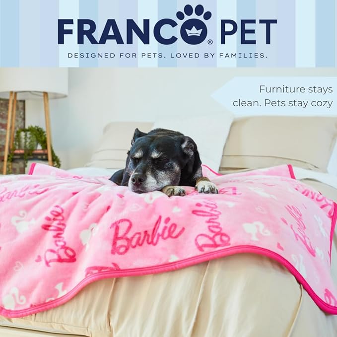 Franco Pet Barbie Super Soft Cozy Waterproof Sherpa-Backed Blanket Throw for Medium Dogs, Couch/Bed/Car, 40x50 (Officially Licensed Product)