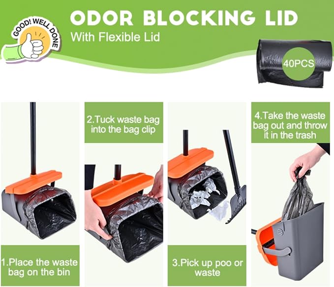 Dog Pooper Scooper for Large Dogs, 46" Long Handle Adjustable Pooper Scooper for Large Dogs，Dog Pooper Scooper with 75 Waste Bags，Large Capacity Swivel Bin & Rake