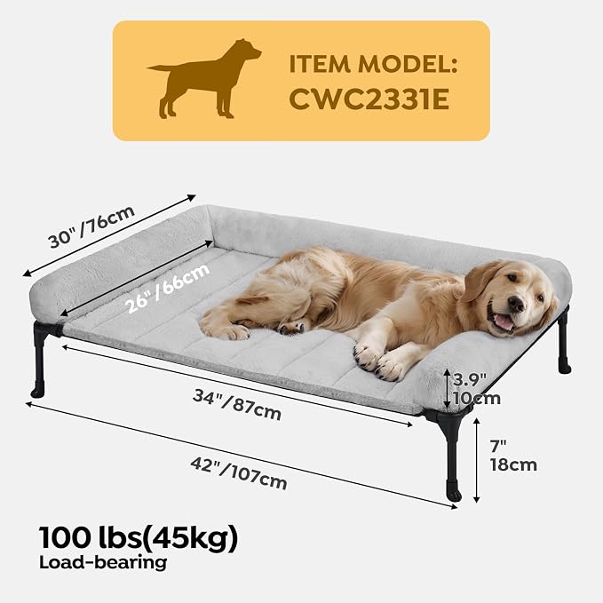 Veehoo Elevated Dog Beds Large Sized Dog with Fluffy Plush Bolster Cushion | Orthopedic Raised Dog Beds for Indoor Outdoor, Soft Pet Sofa Cot with Removable Washable Mat, No-Slip Feet, 42" x 30", Grey
