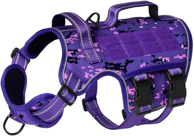 Dog Harness Medium Sized Dog, No Pull Dog Vest with Molle System | Tactical, Easy Control With Handle, Breathable Soft Padded, Adjustable, Reflective, No Choke for Walking, Purple Camo Medium