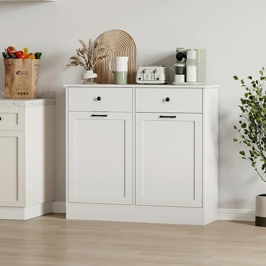 CABIHOME Double Tilt-Out Trash Cabinet with Drawers & Deodorizer | 20 gal farmhouse wooden dual bin trash and recycling cabinet. Dog proof hidden waste station for kitchen or laundry.