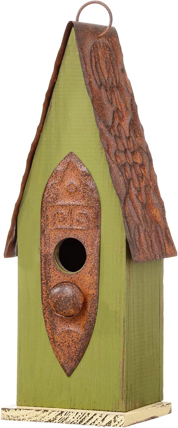 Glitzhome Bird Houses for Outside, 13.25" H Distressed Green Solid Wood Bird House Pet Cottage Hand Painted Hanging Bird House for Outdoors