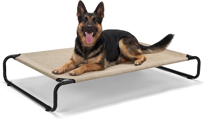Veehoo Cooling Elevated Dog Bed, Outdoor Raised Dog Bed for Large Dogs | Dog Cot with Thickened Frame, Durable Teslin Mesh & Anti-Slip Rubber Feet, Pet Hammock for Indoor or Camping, 53", Beige