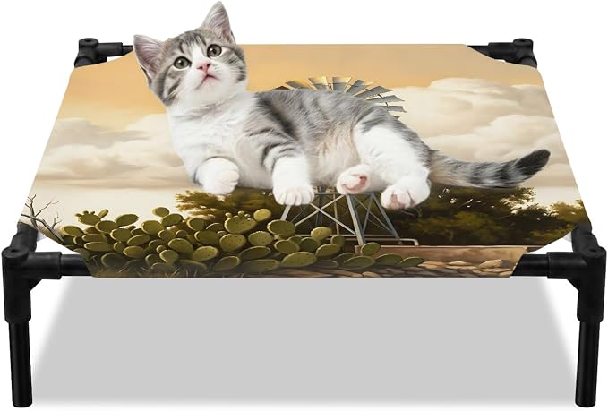 Outdoor Elevated Dog Bed for Small Dogs, Windmill Breathable Cooling Raised Dog Cot for Indoor/Outdoor, Sunset Horizon Farmhouse Trees Waterproof Elevated Pet Beds, S 20 x 20 in